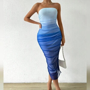 Women's Summer Gradient Color Mesh Pleated Strapless Bodycon Maxi Dress